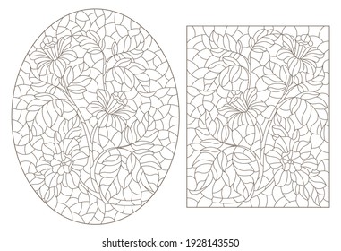 Set of contour illustrations in stained glass style with abstract flowers, dark outlines on a white background
