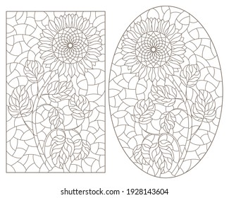 Set of contour illustrations in stained glass style with sunflower flowers, dark outlines on a white background