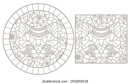 Set of contour illustrations of stained glass windows with portraits of kittens and flowers, dark outlines on a white background