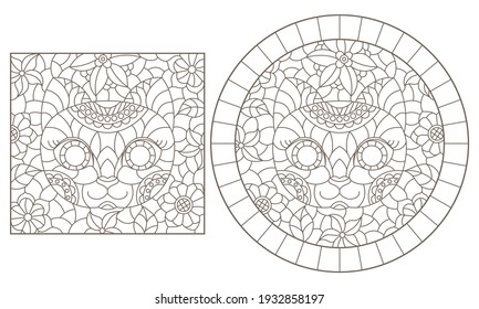 Set of contour illustrations of stained glass windows with portraits of kittens and flowers, dark outlines on a white background
