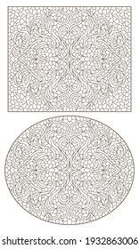 Set contour illustrations of stained glass with abstract swirls and flowers , horizontal orientation