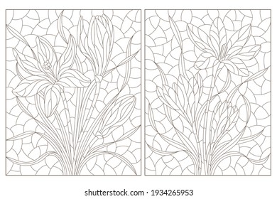 Conjunto de ilustraciones de contorno en vidrio manchado con flores de jacinto, contornos oscuros sobre un fondo blanco, imagen rectangular