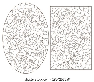 Set of contour illustrations in stained glass style with abstract flowers, dark outlines on a white background