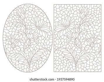 Set of contour illustrations in stained glass style with abstract flowers, dark outlines on a white background