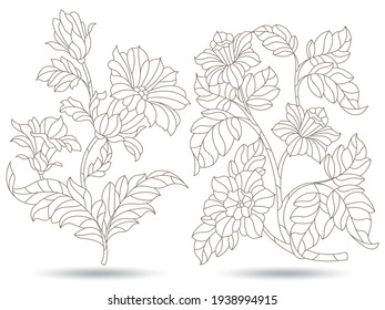 Set of contour illustrations in stained glass style with abstract flowers, dark outlines isolated on a white background