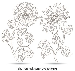 Set of contour illustrations in stained glass style with sunflower flowers, dark outlines isolated on a white background