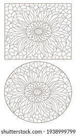 Set of contour illustrations in stained glass style with sunflower flowers, dark outlines on a white background