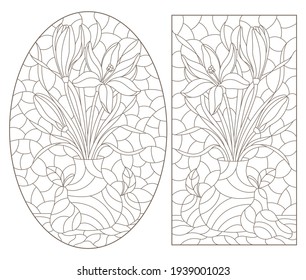 A set of contour illustrations in a stained glass style with floral still lifes and fruits, dark outlines on a white background