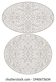 Set contour illustrations of stained glass with abstract swirls and flowers , horizontal orientation, oval images