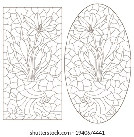 A set of contour illustrations in a stained glass style with floral still lifes and fruits, dark outlines on a white background