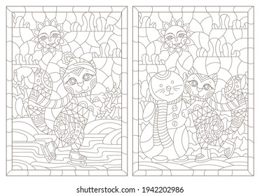 Set of contour illustrations in a stained glass style with cute cartoon kittens on a winter landscape background, dark outlines on a white background