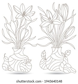 A set of contour illustrations in a stained glass style with floral still lifes, flowers in vases and fruits isolated on a white background