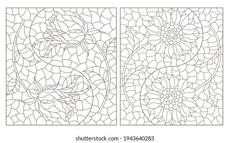 Set of contour illustrations in stained glass style with roses and sunflowers in the Yin Yang sign, dark contours on a white background, rectangular images