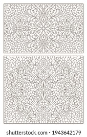 Set contour illustrations of stained glass with abstract swirls and flowers , horizontal orientation, rectangular images