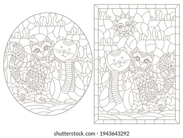 Set of contour illustrations in a stained glass style with cute cartoon kittens and snowmans on a winter landscape background, dark outlines on a white background