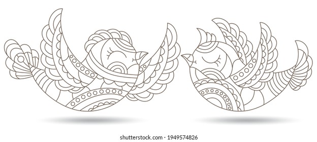Set of contour illustrations in a stained glass style with bright birds, outline animals isolated on a white background