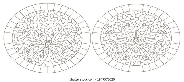 Set of contour illustrations in stained glass style with butterflies in frames, dark contours on a white background, oval illustrations