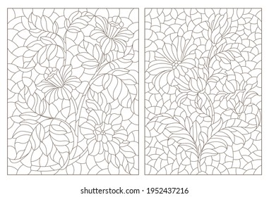 Set of contour illustrations in stained glass style with abstract flowers, dark outlines on a white background