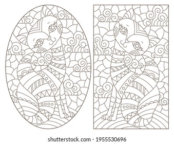 Set of contour illustrations in stained glass style with cute cartoon cats, dark outlines on a white background