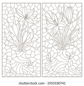 A set of contour illustrations in a stained glass style with floral still lifes and fruits, dark outlines on a white background, rectangular images