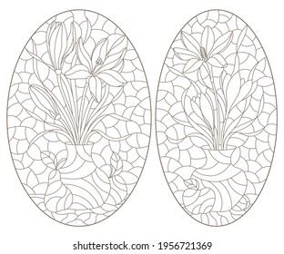 A set of contour illustrations in a stained glass style with floral still lifes and fruits, dark outlines on a white background, oval images