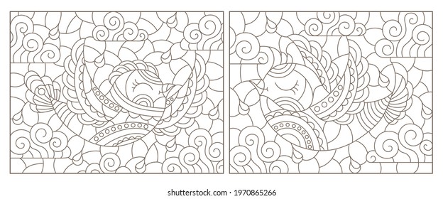 Set of contour illustrations in stained glass style with cute birds on a cloudy sky background, dark outlines on a white background