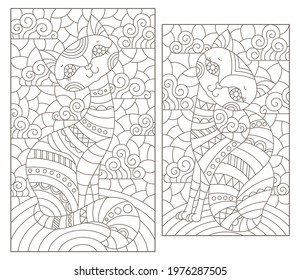 Set of contour illustrations in stained glass style with cute cartoon cats, dark outlines on a white background, rectangular image