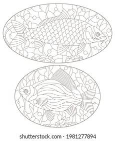 A set of contour illustrations in the stained glass style with carp fishes on a background of algae, dark contours on a white background, oval images