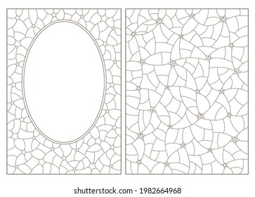 Set of contour illustrations of stained glass with abstract background images, dark contours on white background