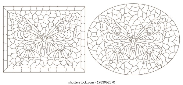 Set of contour illustrations in stained glass style with butterflies in frames, dark contours on a white background