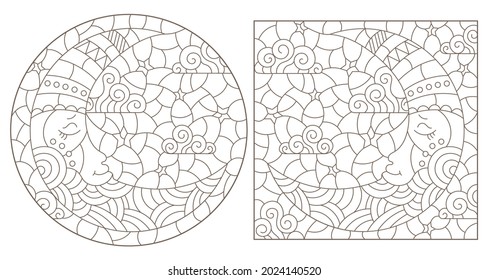 Set of contour illustrations of stained glass Windows with the moon and sky, round and rectangular image, dark contours on white background