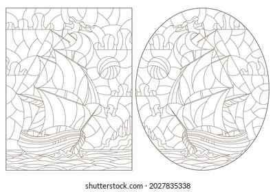 A set of contour illustrations of stained glass Windows with old sailing ships, dark contours on a white background