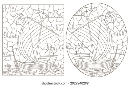 A set of contour illustrations of stained glass Windows with old sailing ships, dark contours on a white background