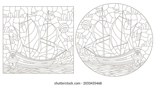 A set of contour illustrations of stained glass Windows with old sailing ships, dark contours on a white background