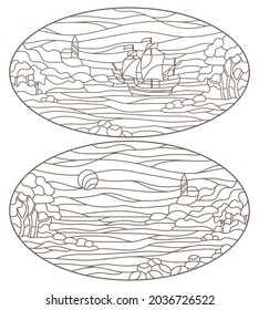 Set contour illustrations of stained glass seascapes, lighthouse in rocky Bay on the background of sea, oval images