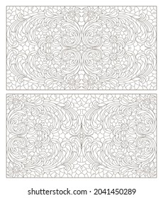 Set contour illustrations of stained glass with abstract swirls and flowers , horizontal orientation, rectangular images