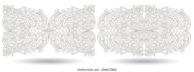 A set of contour illustrations in a stained glass style with abstract botanical elements, dark outlines isolated on a white background