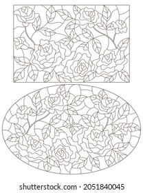 Set of contour illustrations in stained glass style with abstract rose flowers, dark outlines on a white background