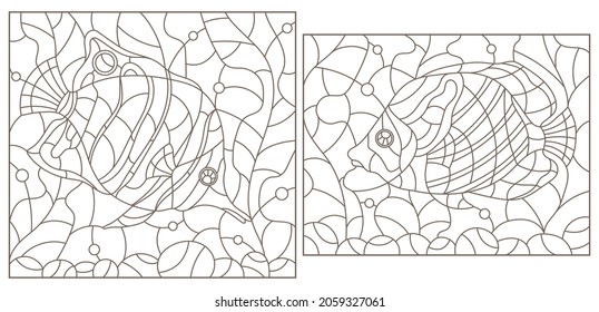 A set of contour illustrations in the stained glass style with butterfly fish on a background of algae, dark contours on a white background, rectangular images