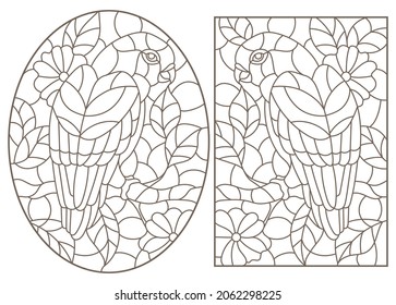 Conjunto de ilustraciones de contorno de vidrios con loros y flores, contornos oscuros sobre un fondo blanco