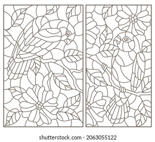 Set of contour illustrations of stained glass Windows with parrots and flowers, dark outlines on a white background