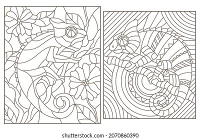 A set of contour illustrations of stained glass Windows with abstract chameleons, dark outlines on a white background, rectangular images