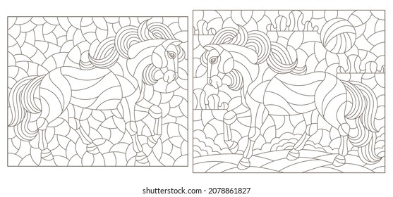 Set of contour illustrations in the stained glass style with horses on a landscape background, dark contours on a white background, rectangular images