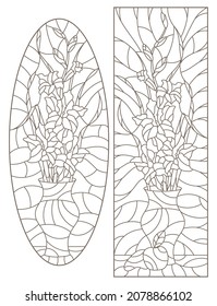 Set of contour illustrations in stained glass style with floral still lifes, dark contours on a white background