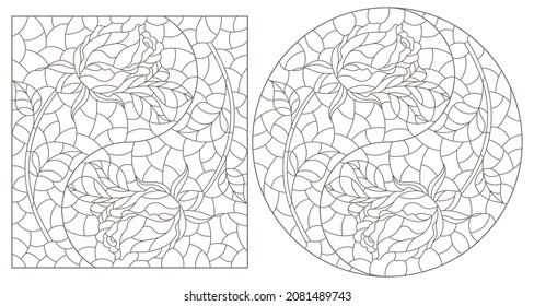 Set of contour illustrations in stained glass style with roses, dark contours on a white background