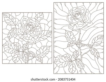 Set of contour illustrations in stained glass style with abstract rose flowers, dark outlines on a white background