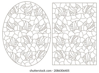 A set of contour illustrations of stained glass Windows with abstract fish, round and rectangular images, dark outlines on a white background