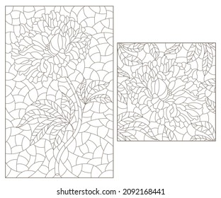 Set of contour illustrations in stained glass style with abstract peony flowers, dark outlines on a white background