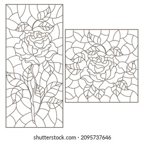 Set of contour illustrations in stained glass style with abstract rose flowers, dark outlines on a white background