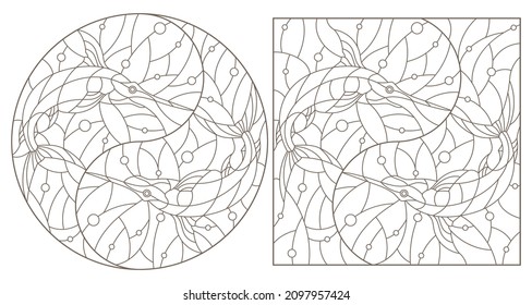 Conjunto de ilustraciones de contorno de cristales manchados con espada de pez, contornos oscuros sobre fondo blanco